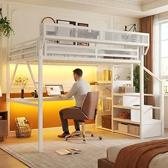 Mirightone Queen Loft Bed with Desk and RGB Light, Metal Loft Bed Frame with Stairs and Bedside Shelf, Heavy-Duty Lofts Beds with Storage Shelves and Wardrobe for Kids Teens, White
