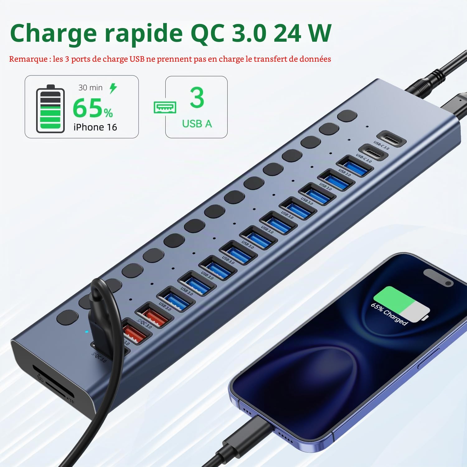VANGREE Hub USB Alimenté 10Gbps, 17 Ports USB 3.2, Adaptateur 96W | 10x USB-A 3.2, 3x QC 24W Charge Rapide, 2x USB-C 3.2, SD/TF, Adaptateur 12V/8A pour PC Portable, PC, HDD, Clé USB