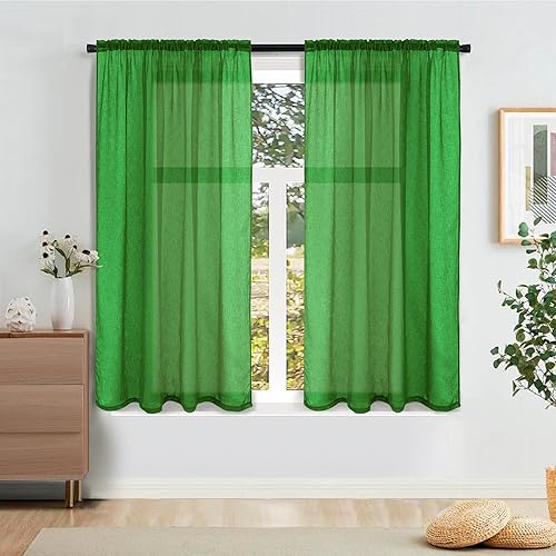 Tony's collection Cortinas semitraslúcidas con textura de lino sintético esmeralda de 63 pulgadas de largo para dormitorio, habitación de los niños,