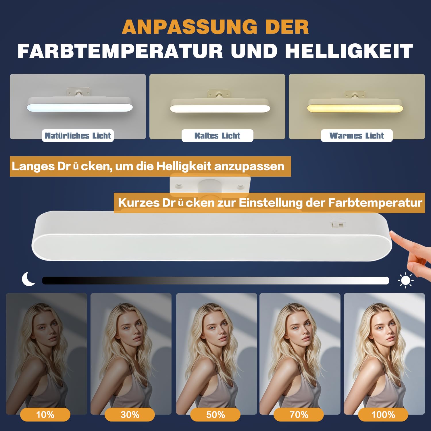 Oświetlenie toaletki LED, 4000 mAh, oświetlenie lustra, oświetlenie lustra, bez kabla, zdejmowana lampa obracana o 360°