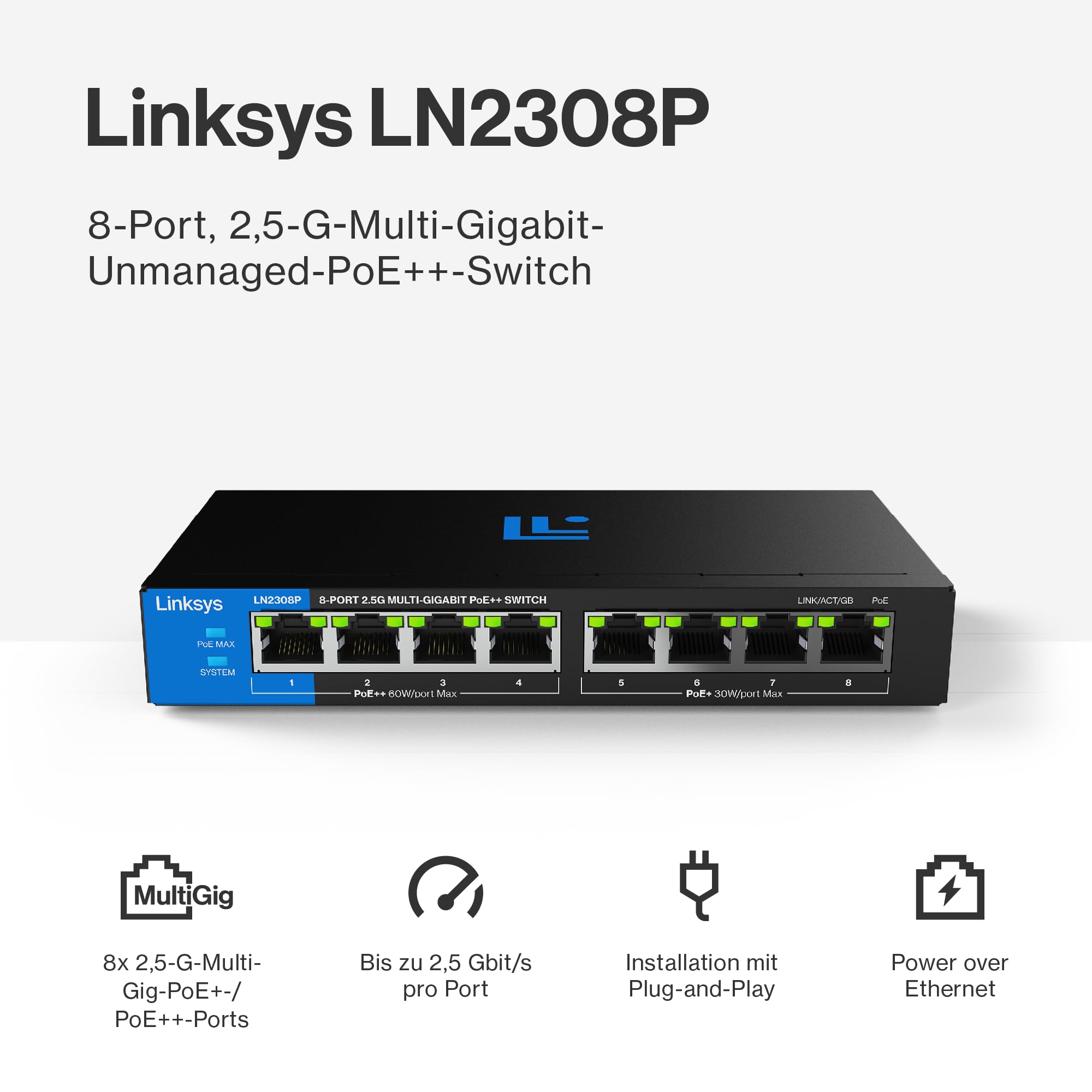 Linksys 8-Port, 2,5 G Multi-Gig Unmanaged PoE++-Switch | Energieeffizientes Ethernet | Full-Duplex-Flusskontrolle | Für WiFi 6/6E/7 Access Points & IP-Kameras | Metallgehäuse | PoE-Leistung von 180 W