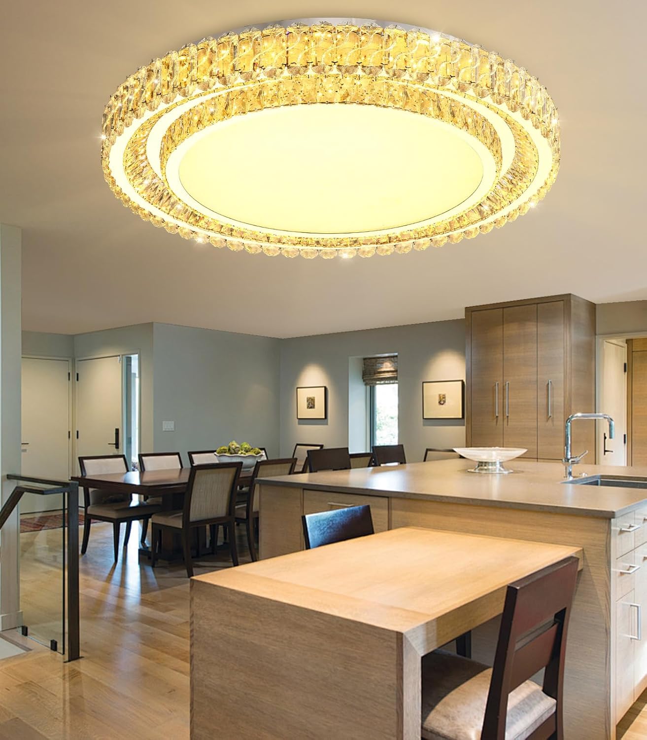 31.4'' Dimmable Crystal Chandelier Modern LED Flush Mount Ceiling Light Fixtures for Living Room Bedroom Hallway Kitchen Island Staircase Silver