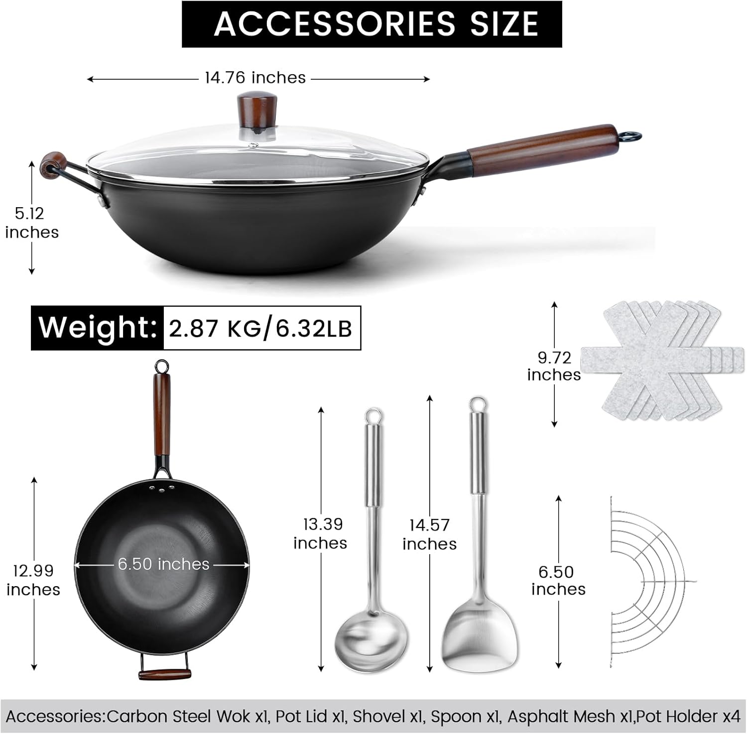 Carbon Steel Wok - 12.99" Woks & Stir-Fry Pans Nonstick, Wok with Lid, Fast Heat Conduction, Uniform Heat Conduction Flat Bottom Woks, Professional Chef Cookware