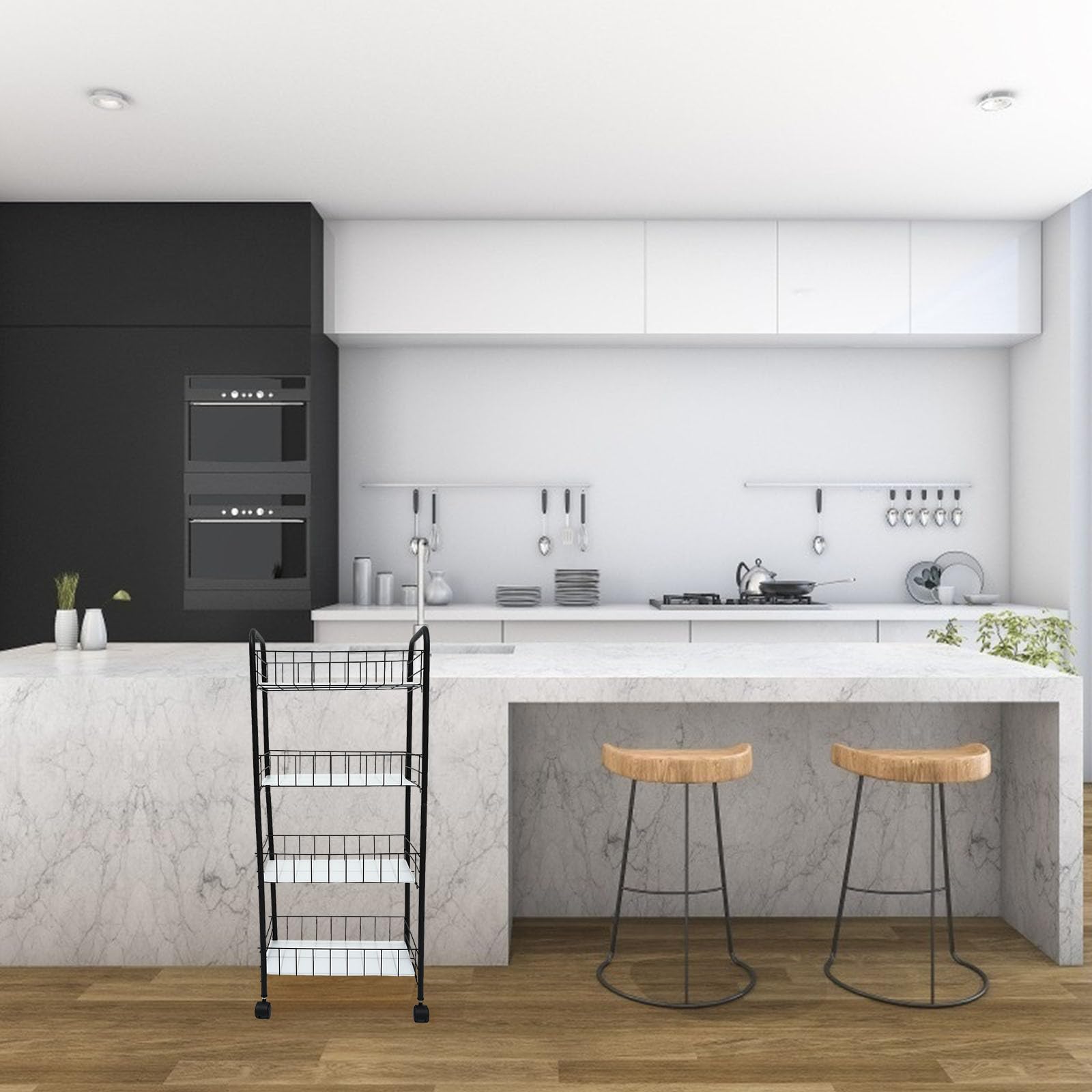 Operitacx Estante Móvil de Almacenamiento Negro para Baño y Balcón 4 Capas, Diseño Multiusos de Acero al Carbono Ruedas y Freno, Gran Capacidad