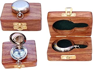 "BAZROSS Vintage Brass Nautical Compass - Magnetic Directional Navigation Tool with Wooden Case, Perfect Gift for Loved Ones, Ideal for Outdoor Activities such as Hiking, Camping, Boating, and Sailing - Premium Sundial Marine Compass for Collectors and Decorative Purposes