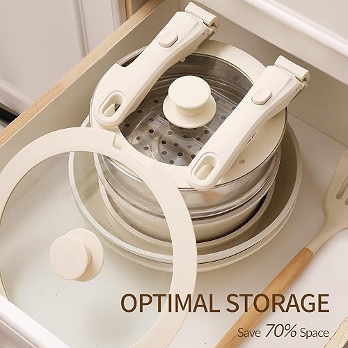 Miniatura 9 de Juego de 21 piezas de ollas y sartenes de cerámica, juego de ollas y sartenes antiadherentes, mango desmontable, apilable, juego de utensilios de