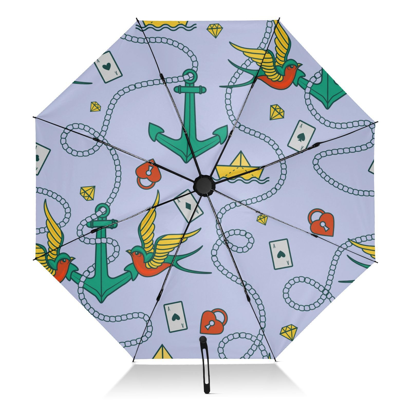 SLHKPNSUV Sun Umbrella Anchors with Birds Cards Folding Umbrella Compact Automatic Open Close Large Inverted Travel Umbrella for Rain Windproof Portable UV Protection Reverse Umbrella for Women Men