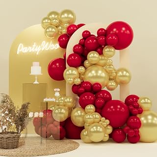PartyWoo Red and Gold Balloons, 140 pcs Ruby Red and Gold Balloons Different Sizes Pack of 18 Inch 12 Inch 10 Inch 5 Inch for Balloon Garland or Balloon Arch as Birthday Decorations, Party Decorations