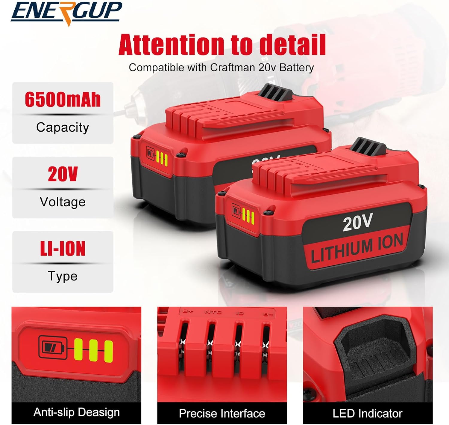 2Pack 20V 6500mAh Replace for Craftsman V20 Lithium Battery and Charger Kit, for CMCB202 CMCB204 CMCB206 CMCB201 CMCB100 CMCB124, with Dual CMCB104 Battery Charger for Craftsman 20V Battery - Image 2