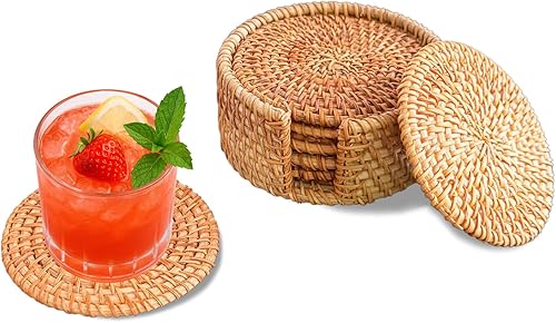 Miniatura 1 de Juego de 6 posavasos de ratán hechos a mano con soporte, posavasos bohemios de mimbre natural, resistentes al calor para bebidas frías y calientes