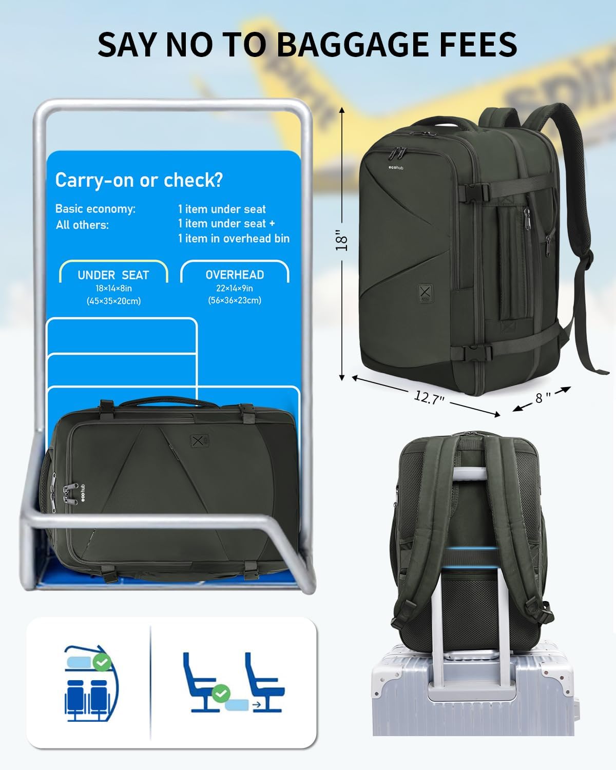 inside view of carry on travel backpack showing organization and laptop sleeve