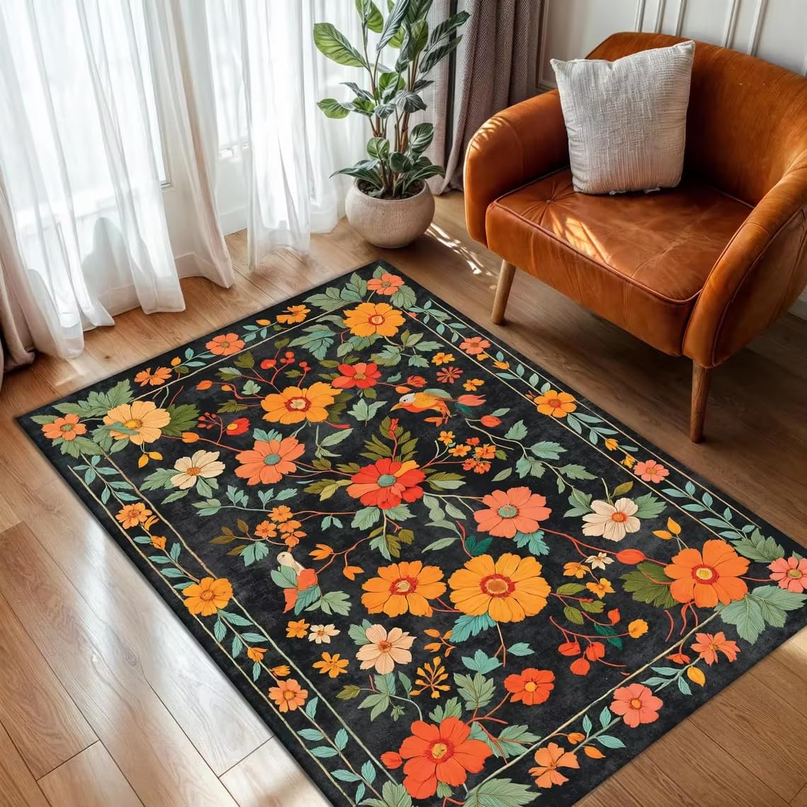 Tapis pour salon antidérapant style oriental rose lavable en machine