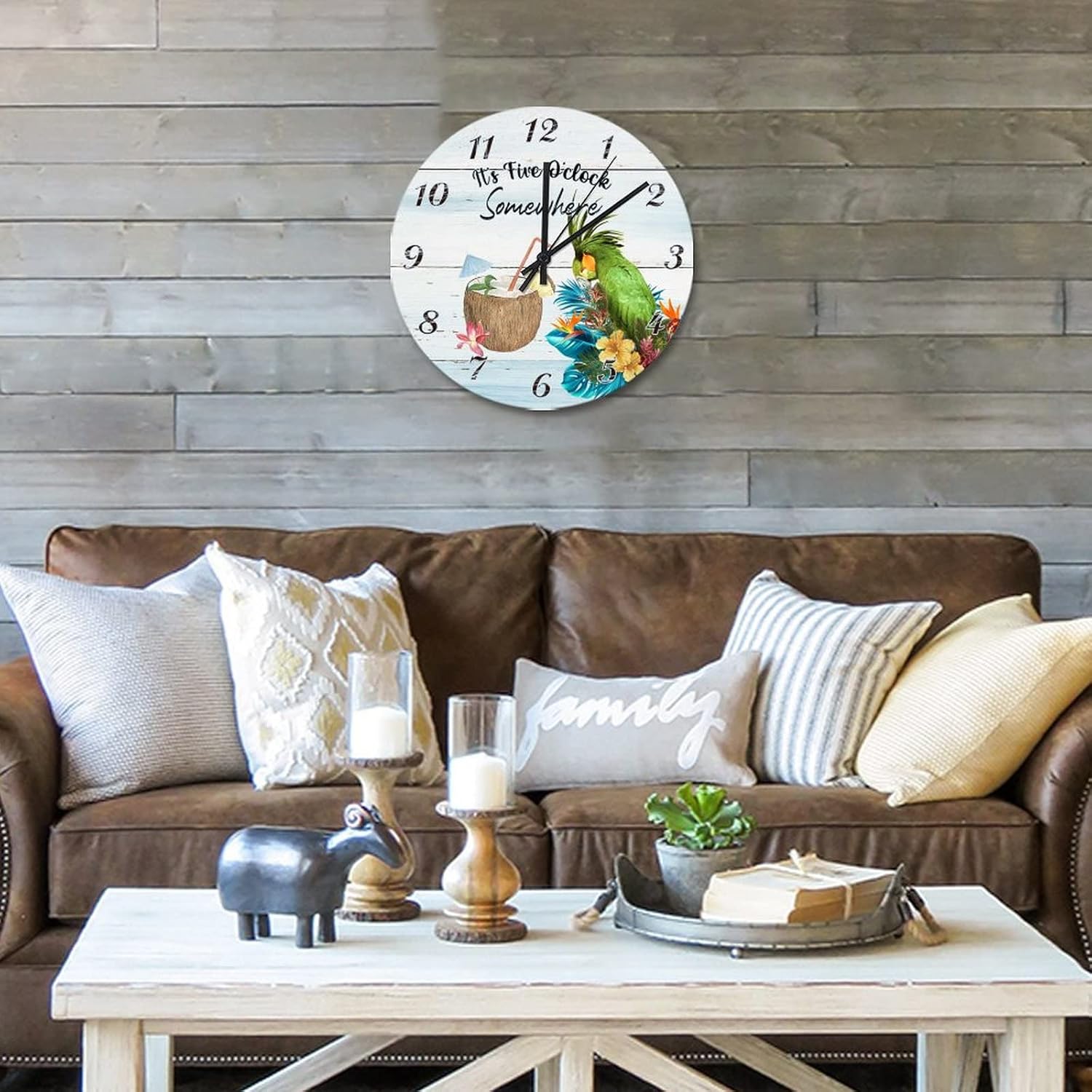 15 Inch It's 5 O'Clock Somewhere Parrot Wall Clocks Battery Operated Quartz Quiet Happy Hour Vintage Wood Print Wall Clock Round Clock for Living Room Bedroom Office Kitchen School