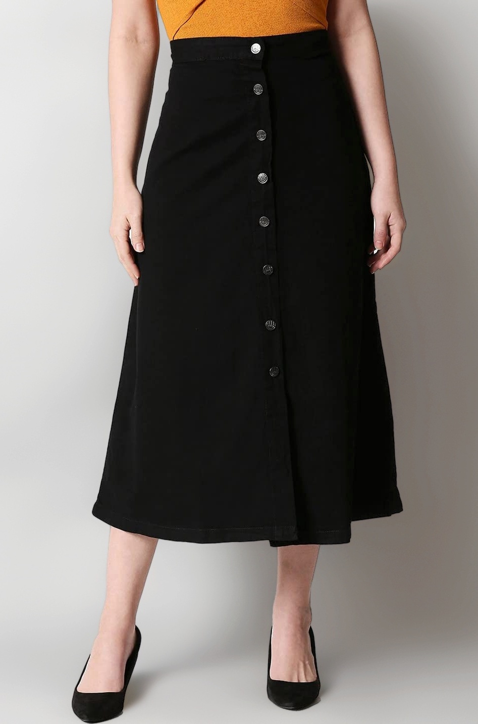 Black Women Cotton Lycra Blend A-Line Midi Skirt