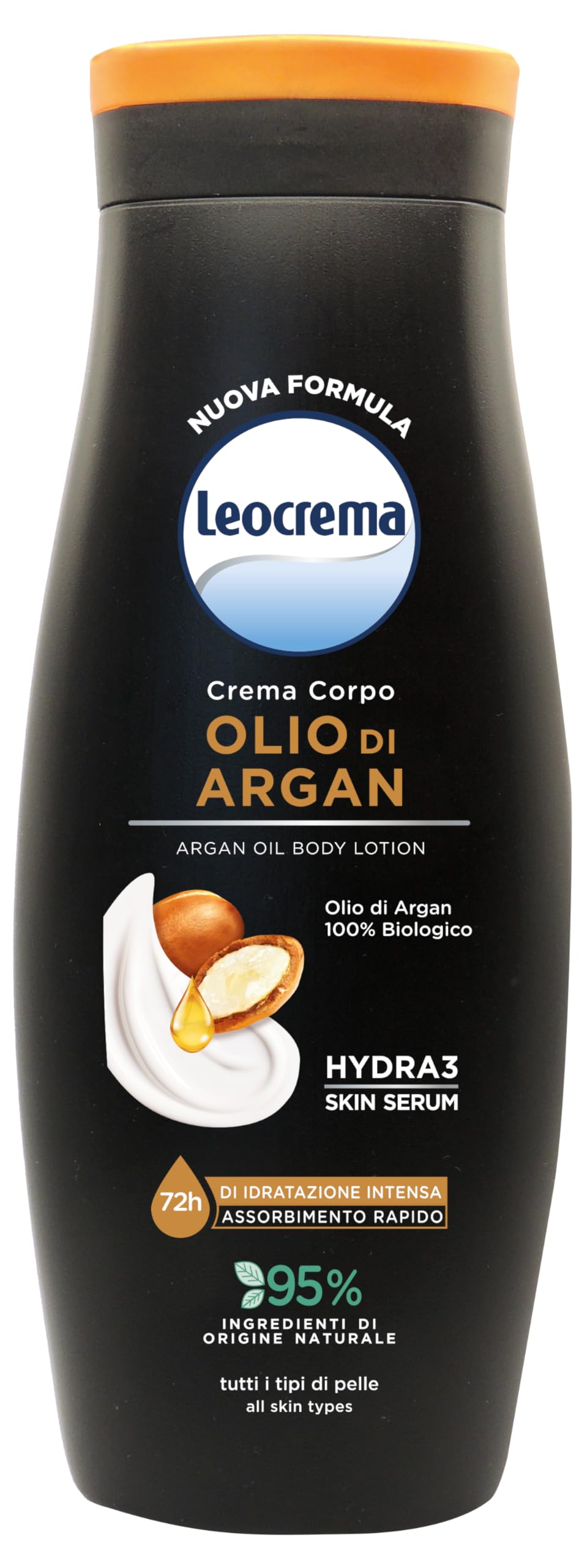 Leocrema - Crema Corpo All'Olio di Argan Biologico, Texture Ricca e Vellutante ad Assorbimento Rapido, Idratazione per 72 ore, 400ml