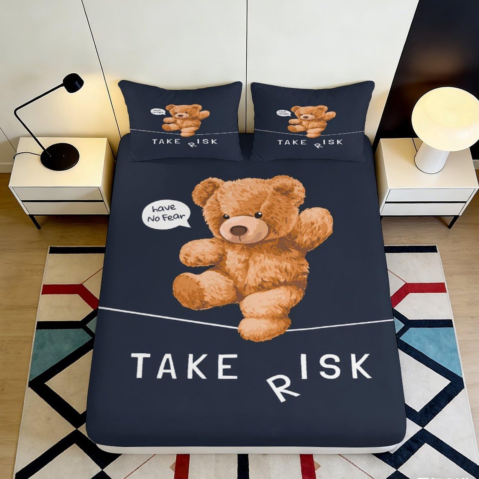 3D Printed Teddy Bear Fitted Sheet Microfiber Soft Anti-Slip Cartoon Rope Bed Cover for Bedroom Dorm Guest Room Decor 90x200x25cm