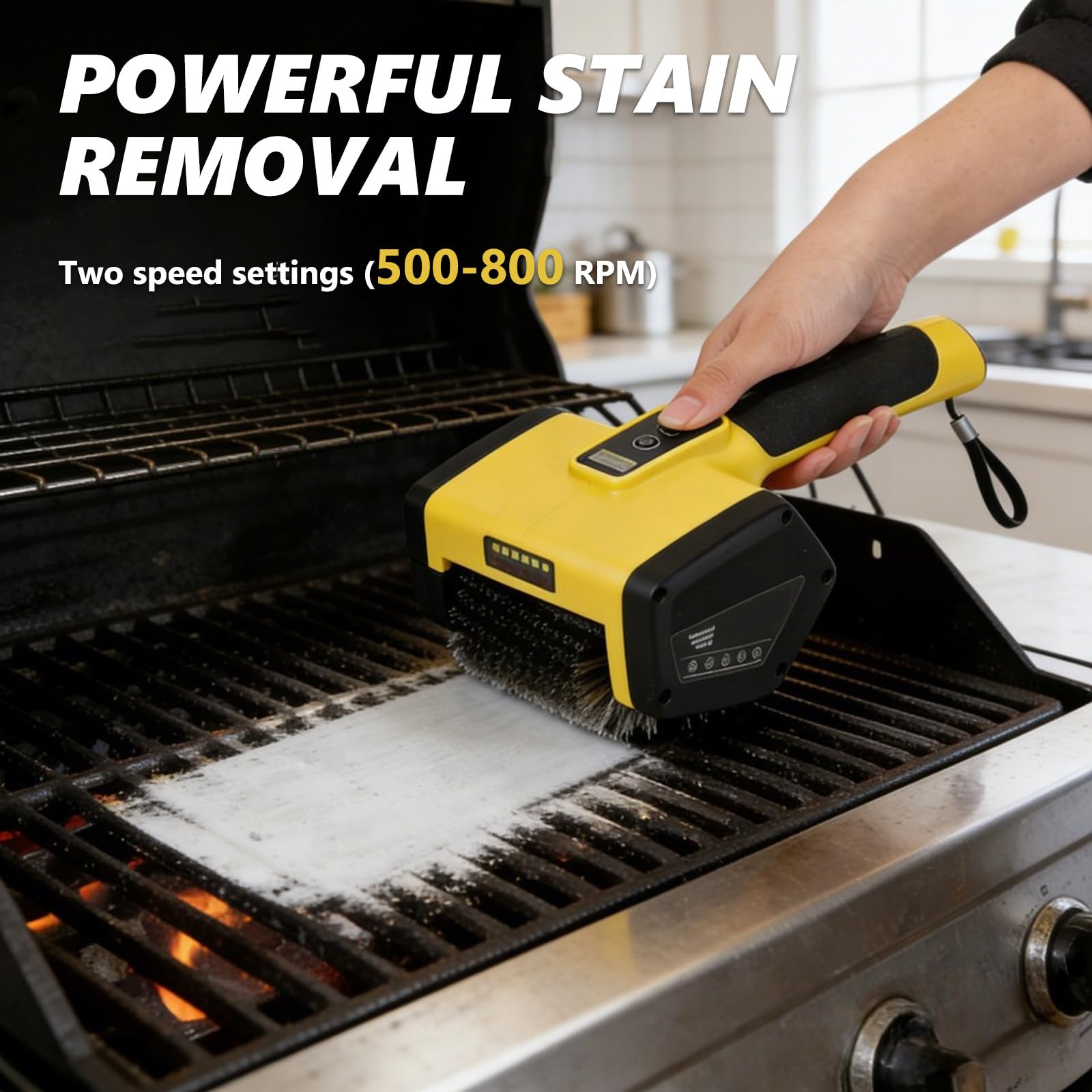 Cepillo Eléctrico para Parrilla, Cabezal de Acero Inoxidable, 500-800 RPM, Luces Led Y Protector contra Salpicaduras, Inalámbrico Recargable para Parrillas de Exterior Brown