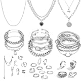 36 PC Silver Plated Jewelry Set With 3 Necklace&comma; 12 Bracelet&comma; 7 Ear Cuffs Earring&comma; 14 Knuckle Rings For Women Girls Valentine Anniversary Birthday Friendship Gift