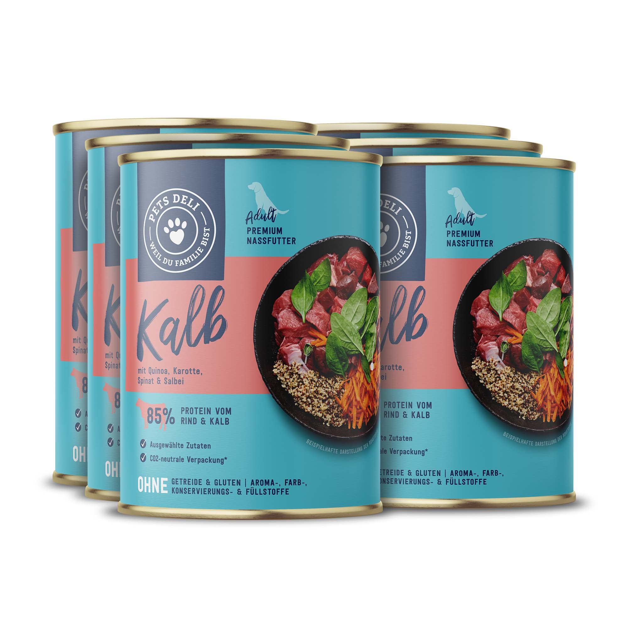 Pets Deli Classic Hunde Nassfutter Kalb, Quinoa & Karotte, hoher Fleischanteil, getreidefrei, ohne Zucker, 6x400g, Premium Qualität