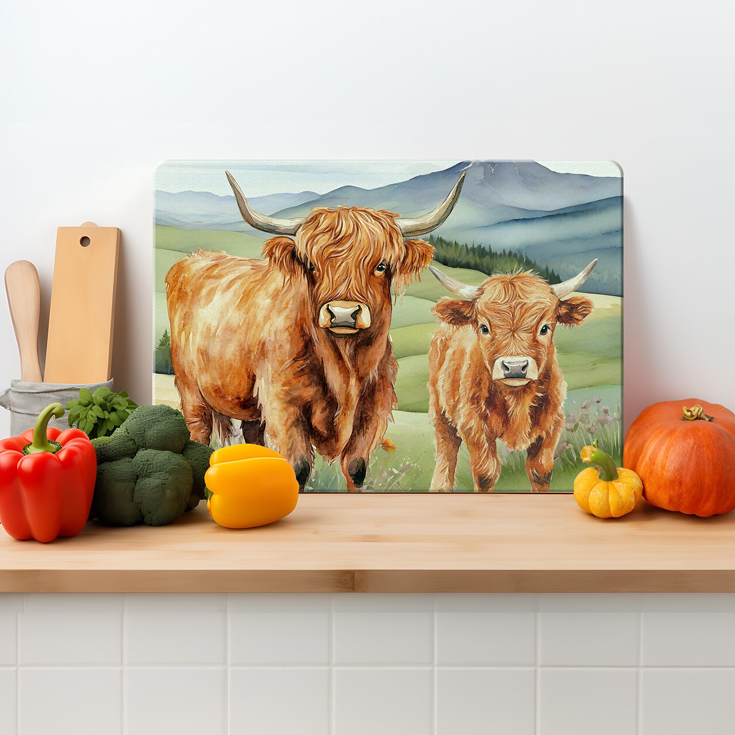 Glass Chopping Board – Highland Cow & Calf – Textured Tempered Glass Cutting Board – 39 x 29cm Kitchen Worktop Saver – Non Slip, Heat Resistant, Easy Clean Large 39cm x 29cm