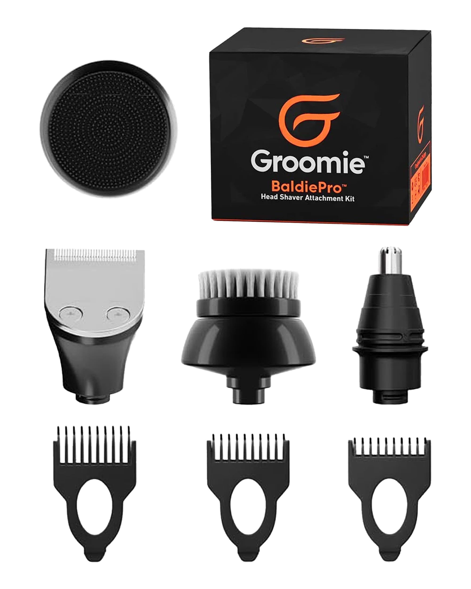 Groomie 7-Piece Men's Hair Clippers & Grooming Kit - Includes Precision Clipper, 3-5-7mm Clipper Guards, Ear & Nose Trimmers, Exfoliation Brush, and