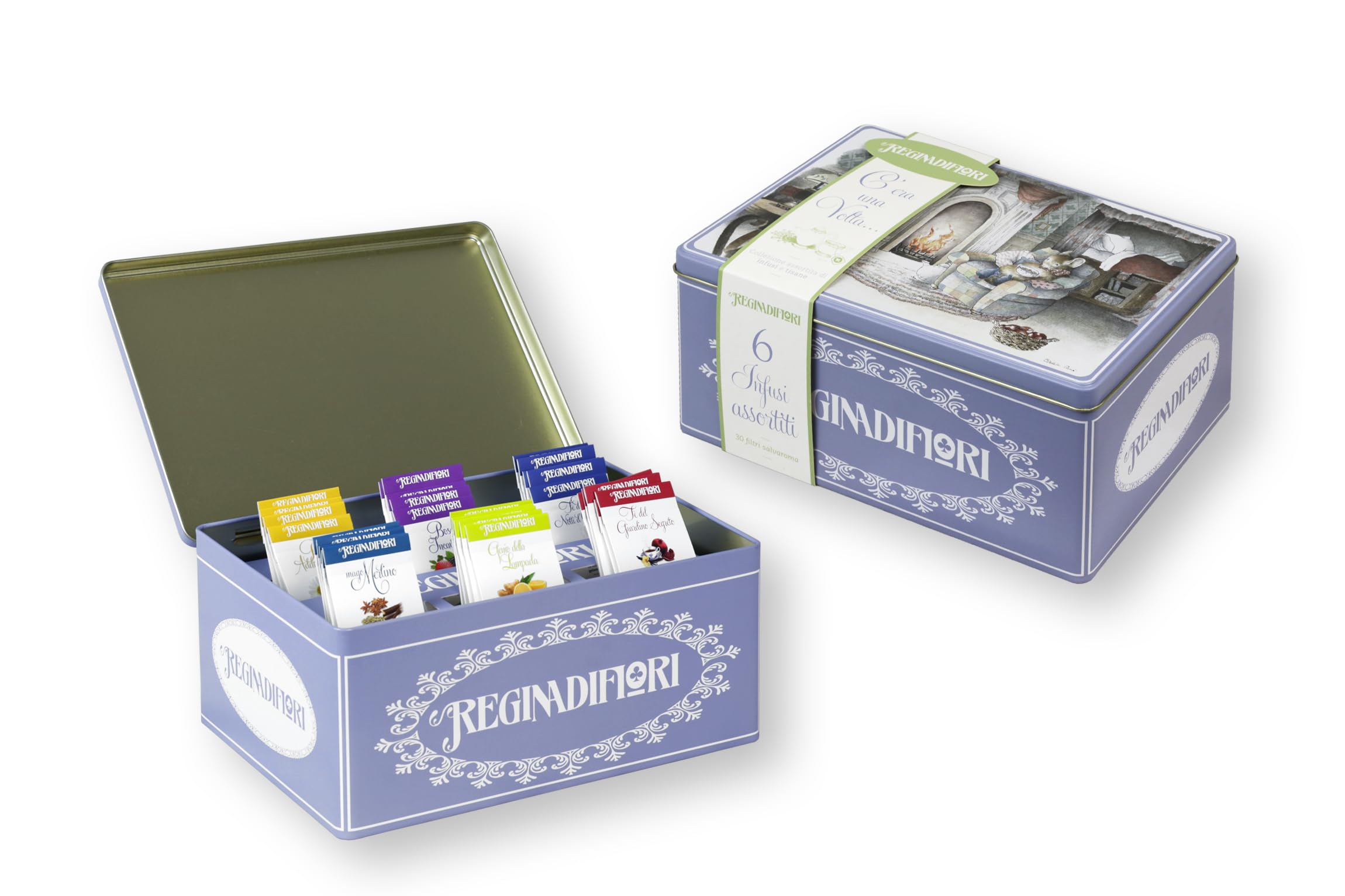 Regina di Fiori - Confezione Regalo con Tè, Infusi e Tisane. 6 Gusti Assortiti, 30 Filtri, in Latta Decorata