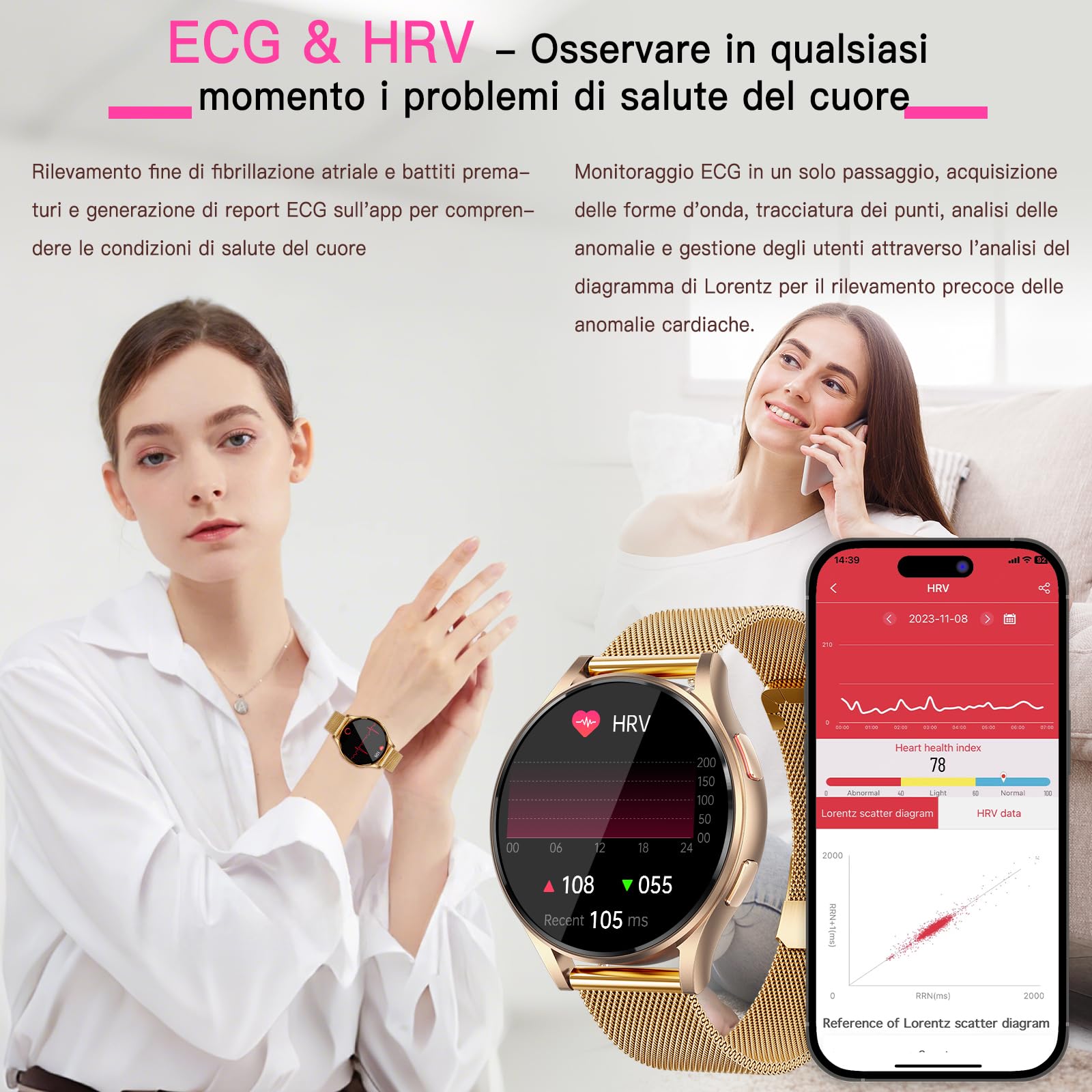 2026 Nuovo Smartwatch Donna Con ECG+HRV/Lipidi/BMI/Acido Urico,1,43" AMOLED Orologio ECG Con 2 Cinturino&Bluetooth, 24H Pressione Sanguigna/Frequenza Cardiaca/Sonno,iOS Android