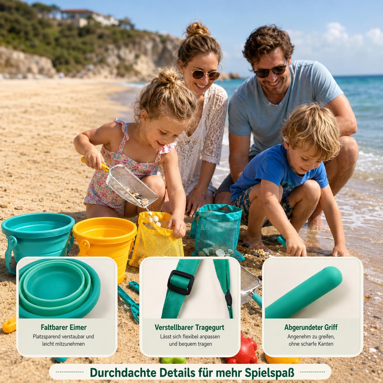 Sandspielzeug Kinder Strandspielzeug Set mit 2 faltbaren Eimern, Schaufel, Rechen, Sandsieb & Netzbeutel, 14-teiliges Sandkasten Spielzeug für Strand, Garten & Urlaub ab 3 Jahren