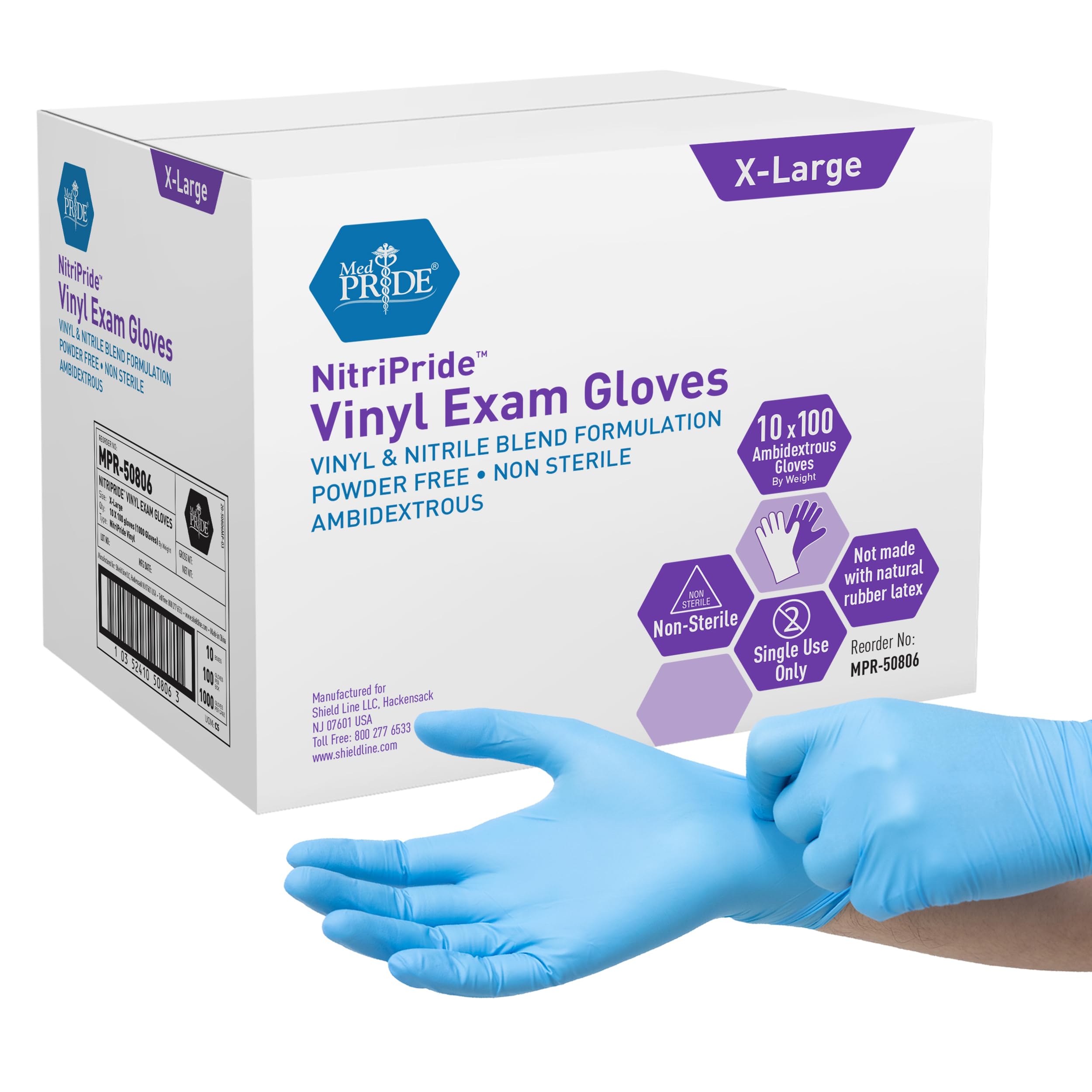 MED PRIDE Nitrile/Vinyl Blend Exam Gloves, Powder-Free, Latex-Free, Disposable, Non-Sterile, Blue (1000, X-Large)