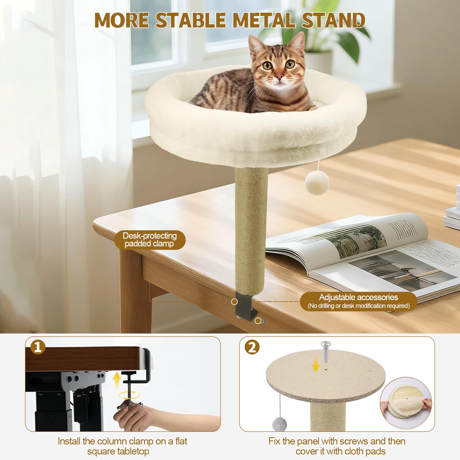 Katze Bett für Dest, Katzes Schreibtisch Bett mit Scritching Post, Platzsparende Katze Möbel, Perch und Hängematte mit Spielball, waschbares Kissen für Heim und Büro Schreibtisch (weiß)