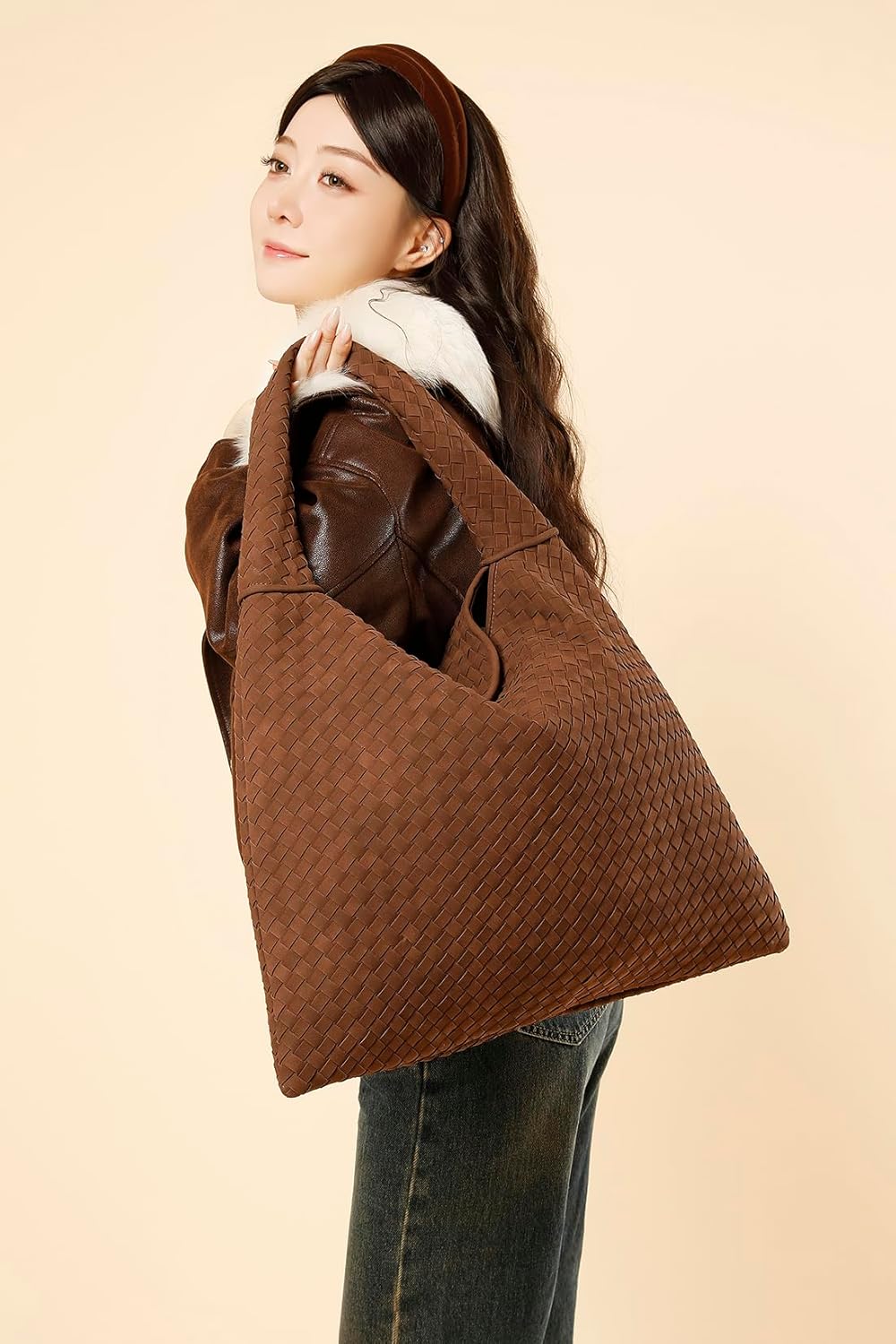 Vegan Leather Woven Tote, Vintage Suede Hobo, Suede Woven Purse, Large Leather Shoulder Bag Braided Hobo