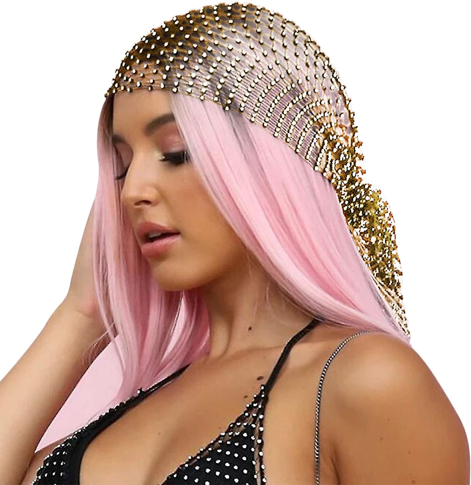 Mesh Rhinestone Headbands Glitter Wide Hair Bands Elastic Turban Kerchiefs Crystal Nightclub Headscarfs Fishnet Elastic Wide Hairband Rave Party Headwraps for Women and Girls (Gold)