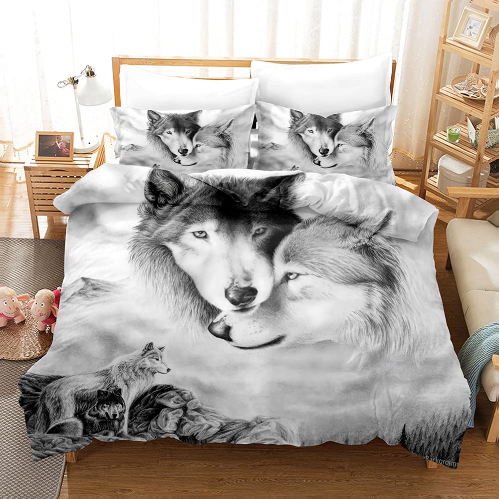 CIUNVXD Juego de ropa de cama con diseño de lobo 3D, diseño de animales realistas en 3D, diseño de lobo y lobo (A, 135 x 200 cm)