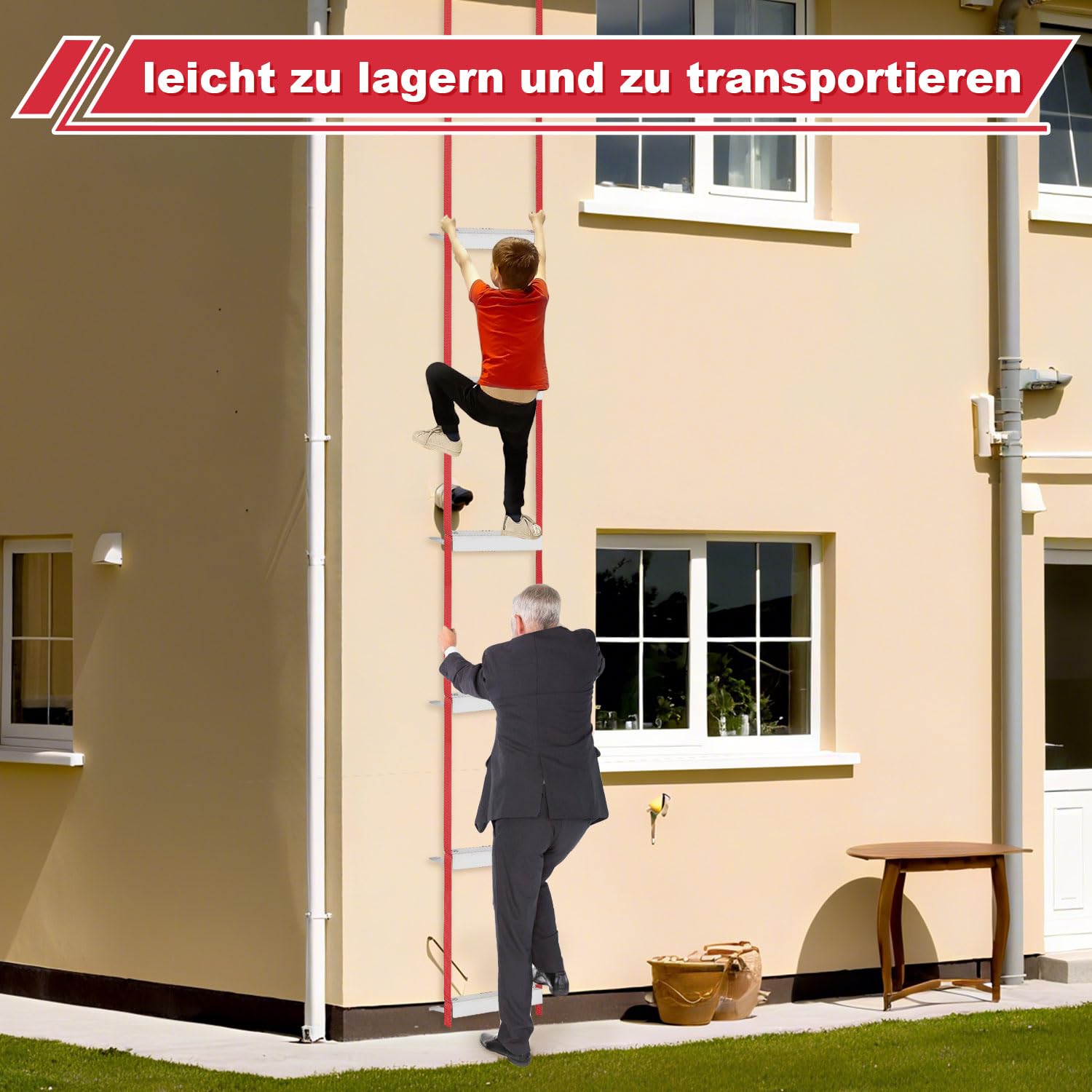 4.5m Aluminium Feuerleiter - Tragkraft 450kg, Einweg-Rettungsleiter mit 3-Sekunden-Entfaltung, Einfache Bedienung ohne Montage, Ideal für Häuser/Büros/Schulen