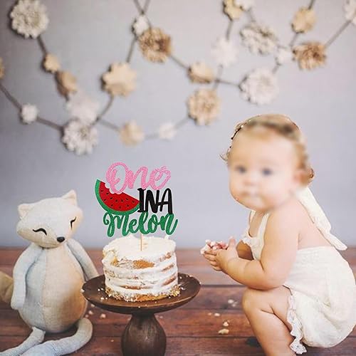 Miniatura 7 de Rsstarxi 1 paquete de decoración de pastel de sandía con purpurina uno en un melón, decoración de pastel de sandía para el primer cumpleaños,