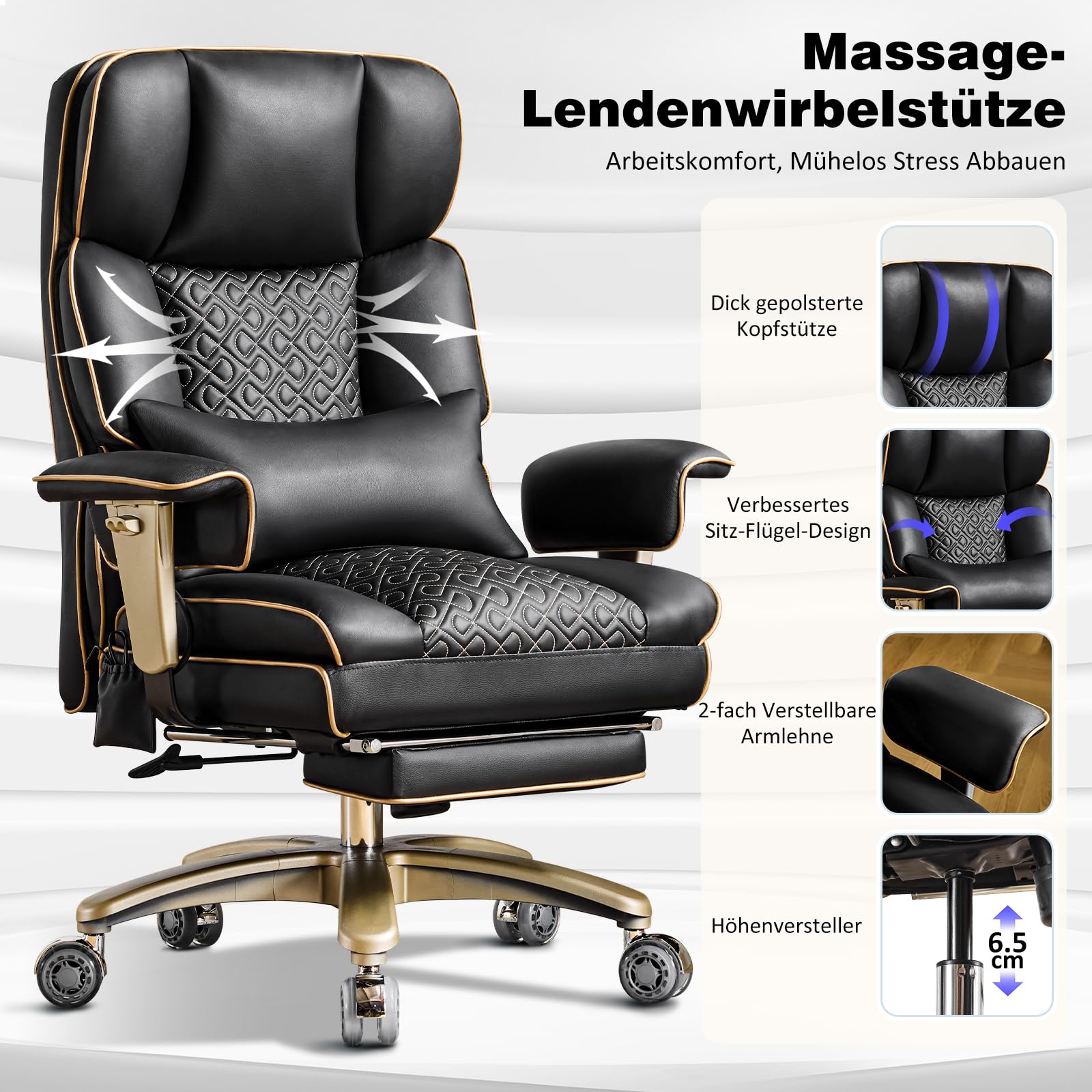 Hellove Ergonomischer Bürostuhl bis 230kg, Chefsessel mit Fußstütze & Lordosenstütze, Großer Schreibtischstuhl für Übergewichtige, Luxus Executivesessel Kunstleder für Homeoffice, Schwarz