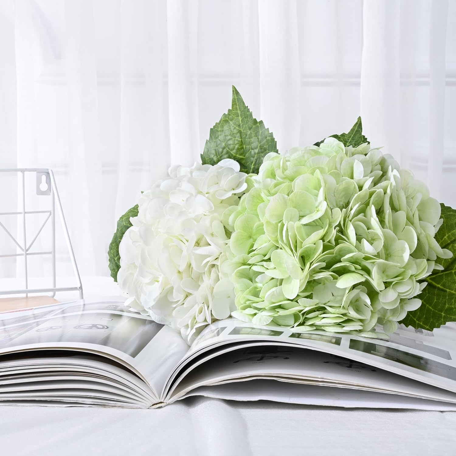 4 Pcs Hydrangea Artificial Flowers, 2 Green & 2 White Real Touch Flowers, 21" Faux Hydrangea Flowers, Fake Hydrangea Flowers for Outdoor Wedding Office Home Decor Table Centerpieces - Image 6