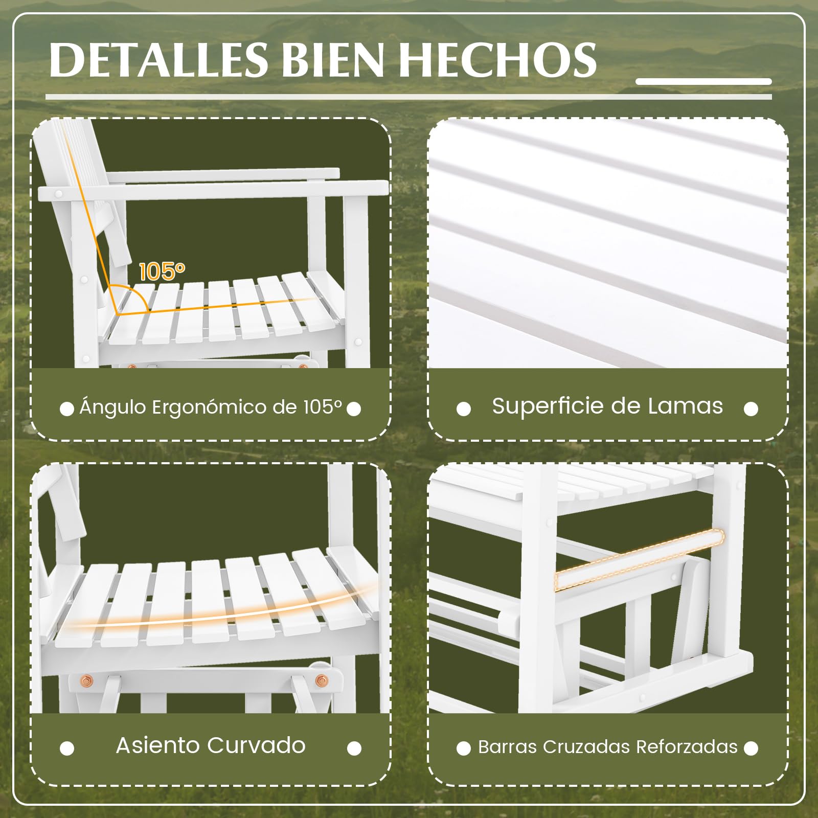COSTWAY Banco Balancin Jardin Exterior 2 Plazas, Mecedora con Asiento de Listones y Respaldo Curvado, Deslizamiento Suave y Seguro, Blanco, 126 x 68 x 100 cm