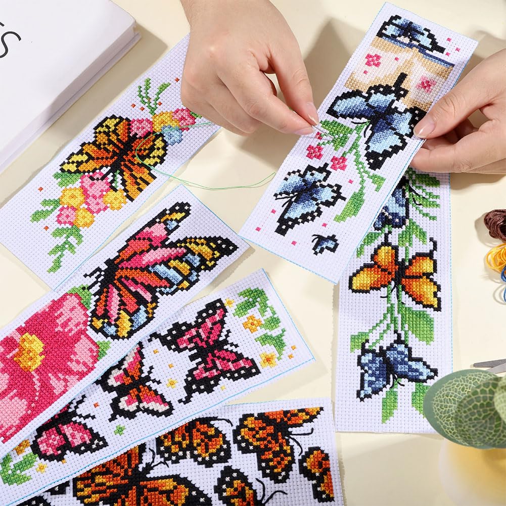 ORIGACH 6 Pcs Cross Stitch Bookmark Kit for Beginner Adults Butterflies and Flowers Stamped Embroidery Bookmark Kit with Instruction for Starters Printed Cross Stitch DIY Kits for Book Lovers - Image 3