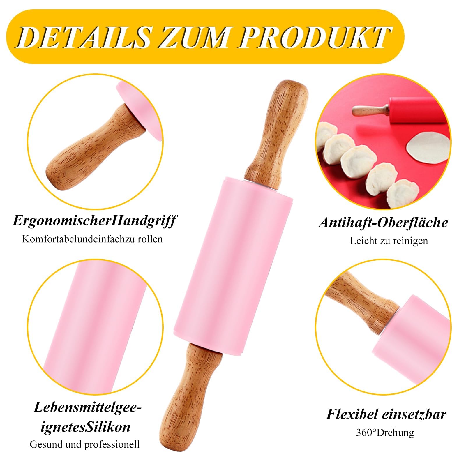 Lot de 6 Petit Rouleau Patisserie en Silicone 23,5 cm, Mini Rouleau Patisserie Antiadhésif avec Manche en Bois pour Fondant, Ravioli et Pizza