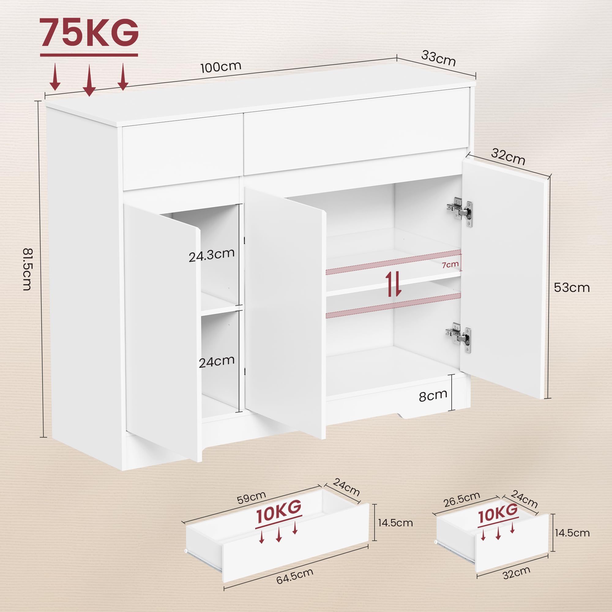 YOUDENOVA Sideboard 100 cm with 2 drawers, 3 doors and shelves, white | Adjustable Shelves, Large Storage for Dishes and Utensils, Ideal for Kitchen, Dining Room or Living Room