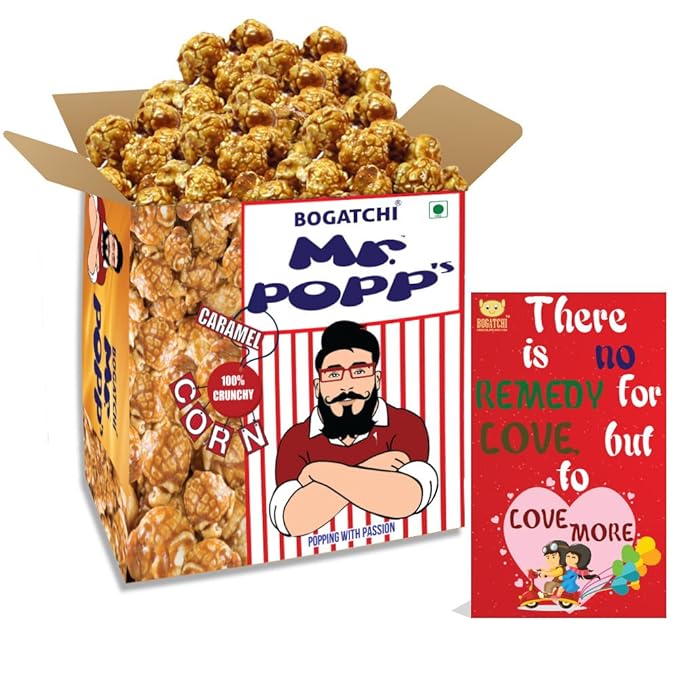 BOGATCHI Mr.POPP's Caramel Popcorn, 100% Crunchy HandCrafted Gourmet Popcorn Snacks | NO Microwave needed | Best Movie / TV Time Snack, Best Anniversary Gift , 250g + FREE Happy Anniversary Greeting Card