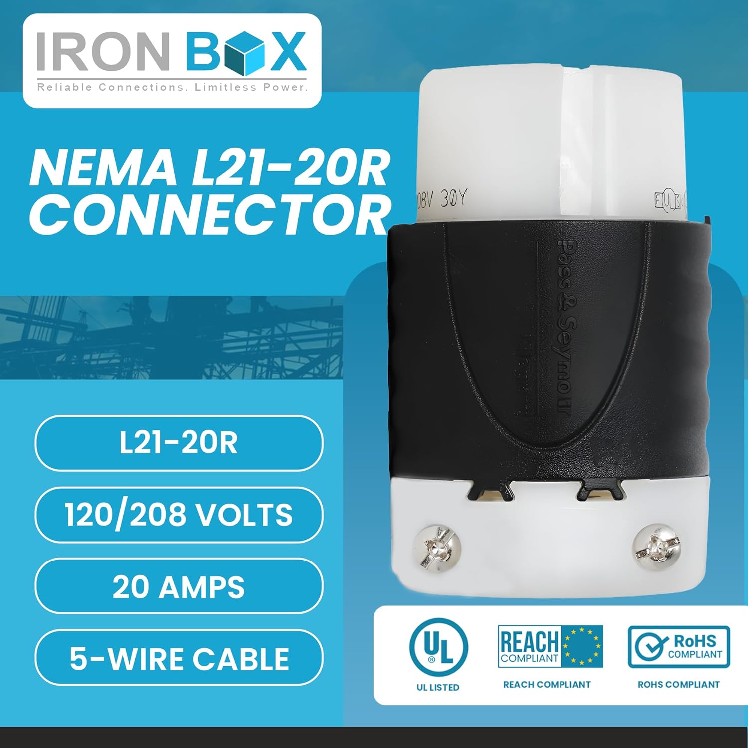 Iron Box NEMA L21-20R Locking Connector - 20 Amp 120/208V 3 Phase Female Cord End, 5 Wire Grounding Device, Industrial Grade Twist Lock Construction, Extension Receptacle, UL Listed, Heavy Duty, Black