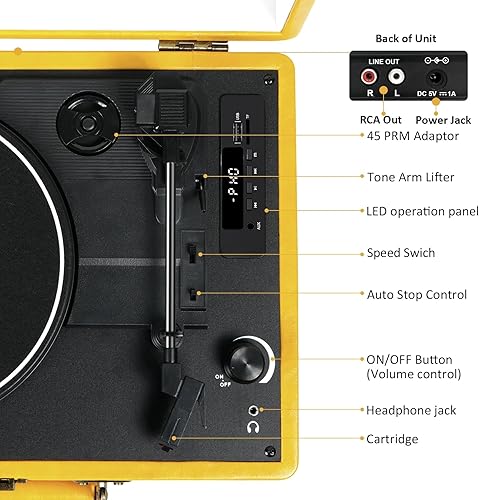 Miniatura 7 de Tocadiscos de maleta Bluetooth vintage con altavoces integrados tocadiscos portátil de 3 velocidades con grabadora de audio de vinilo USB RCA
