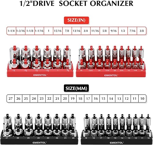 Miniatura 4 de EMENTOL Juego de 8 bandejas organizadoras métricas y SAE, color negro y rojo, 14 pulgadas, 38 pulgadas, 12 pulgadas, almacena 176 enchufes poco