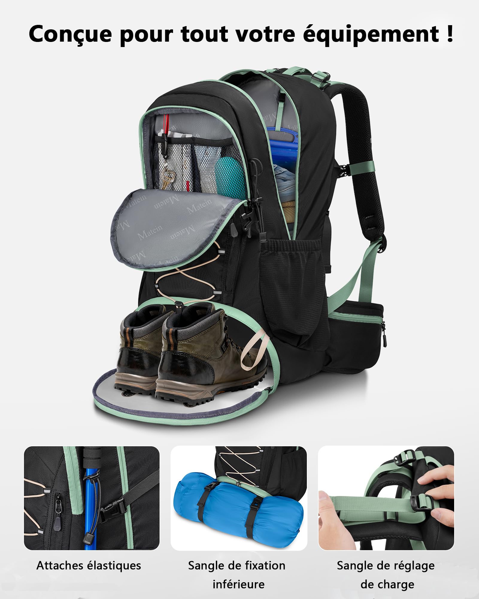 MATEIN Sac Randonnée Imperméable avec Housse de Pluie, Sac à Dos 40L, Noir