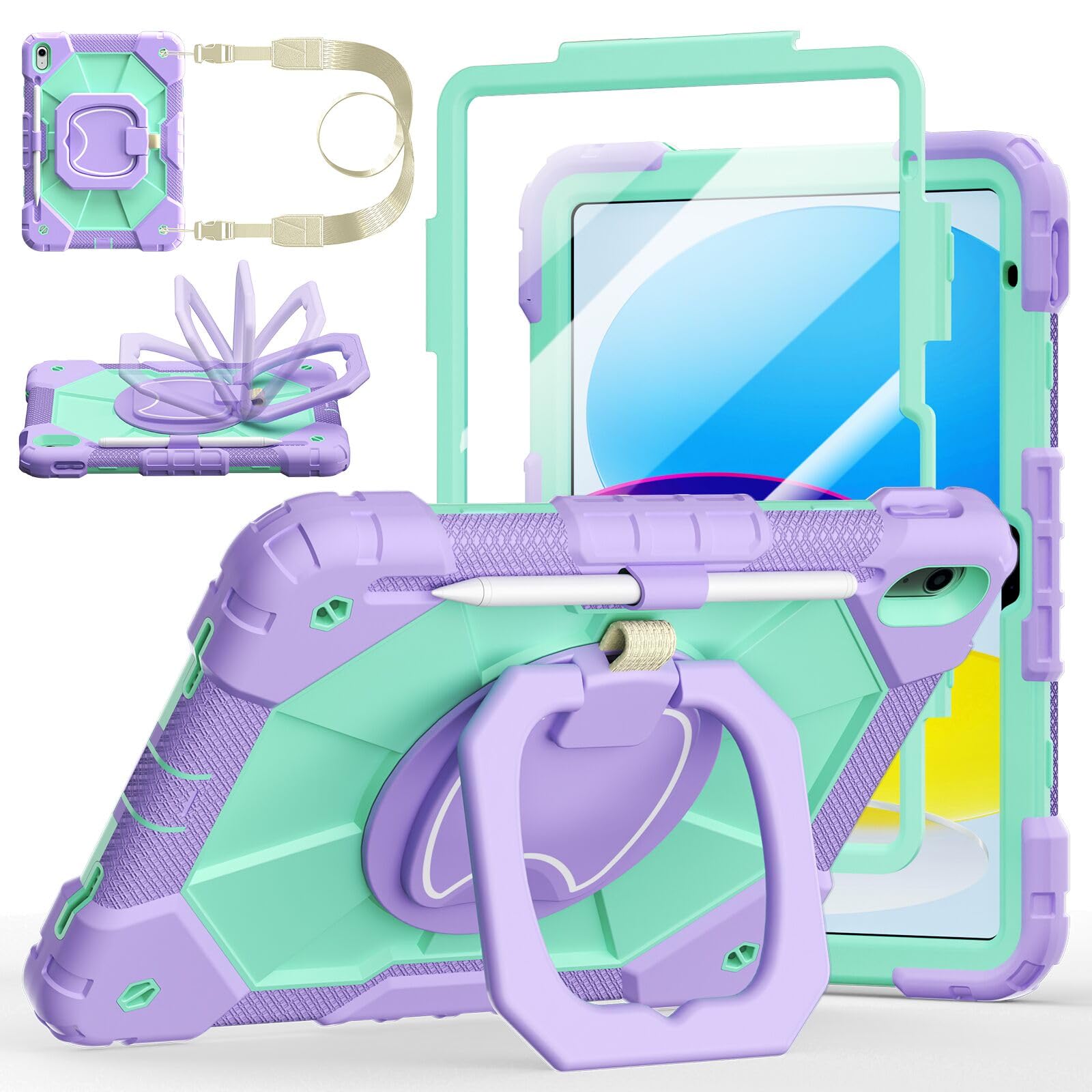 Photo 1 of Case for iPad A16 11th Generation 11 Inch 2025, Auorld for iPad 10th Generation 10.9 inch 2022 case with Screen Protector, 360 Degree Rotating Stand Shoulder Strap Pencil Holder,Purple Mint