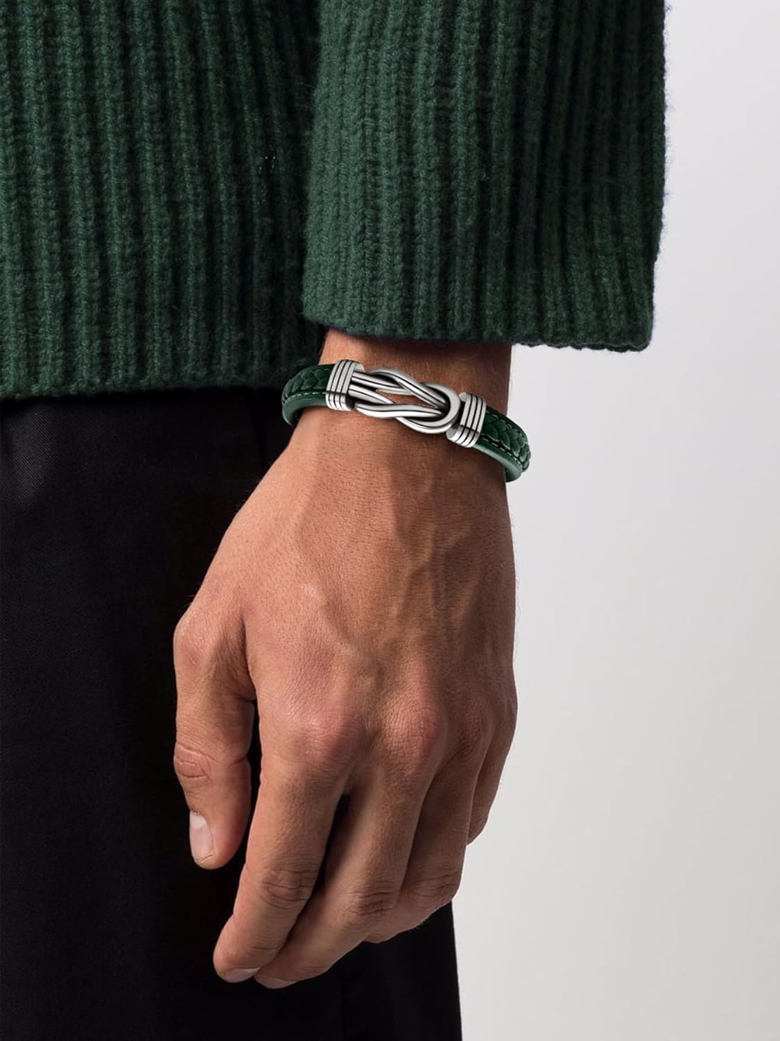 Mens Black Braided Leather Bracelet, Green/Red/Brown/Black Braided Leather Infinity Knot Bracelets for Men with Stainless Steel Clasp, 7.5/8.5/9in Length - Image 4