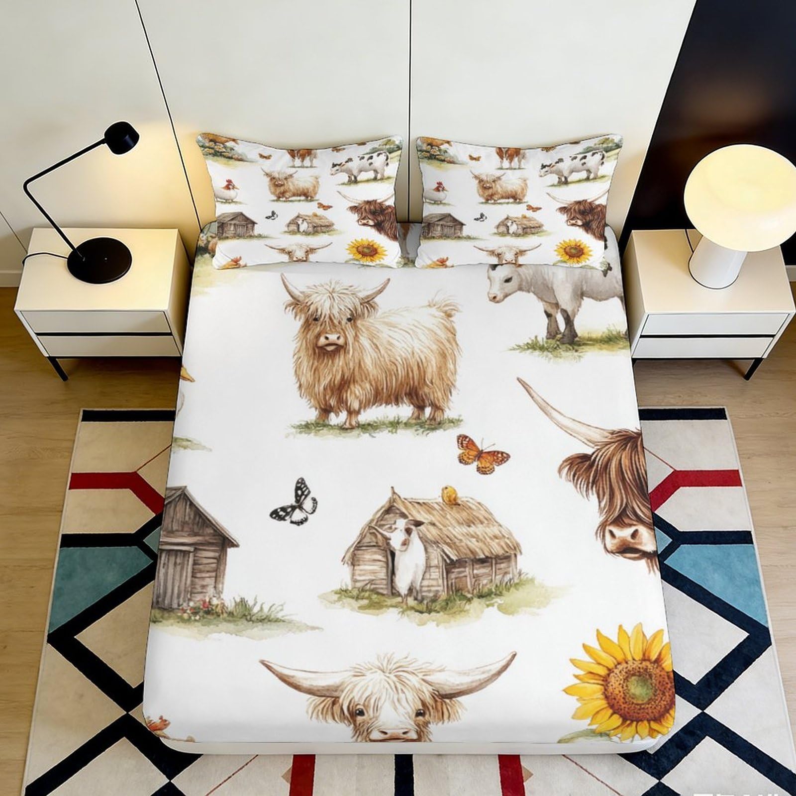 3D Printed Highland Cow Fitted Sheet Microfiber Soft Farmhouse Sunflower Mattress Cover Bedroom Decor 90x200x25cm
