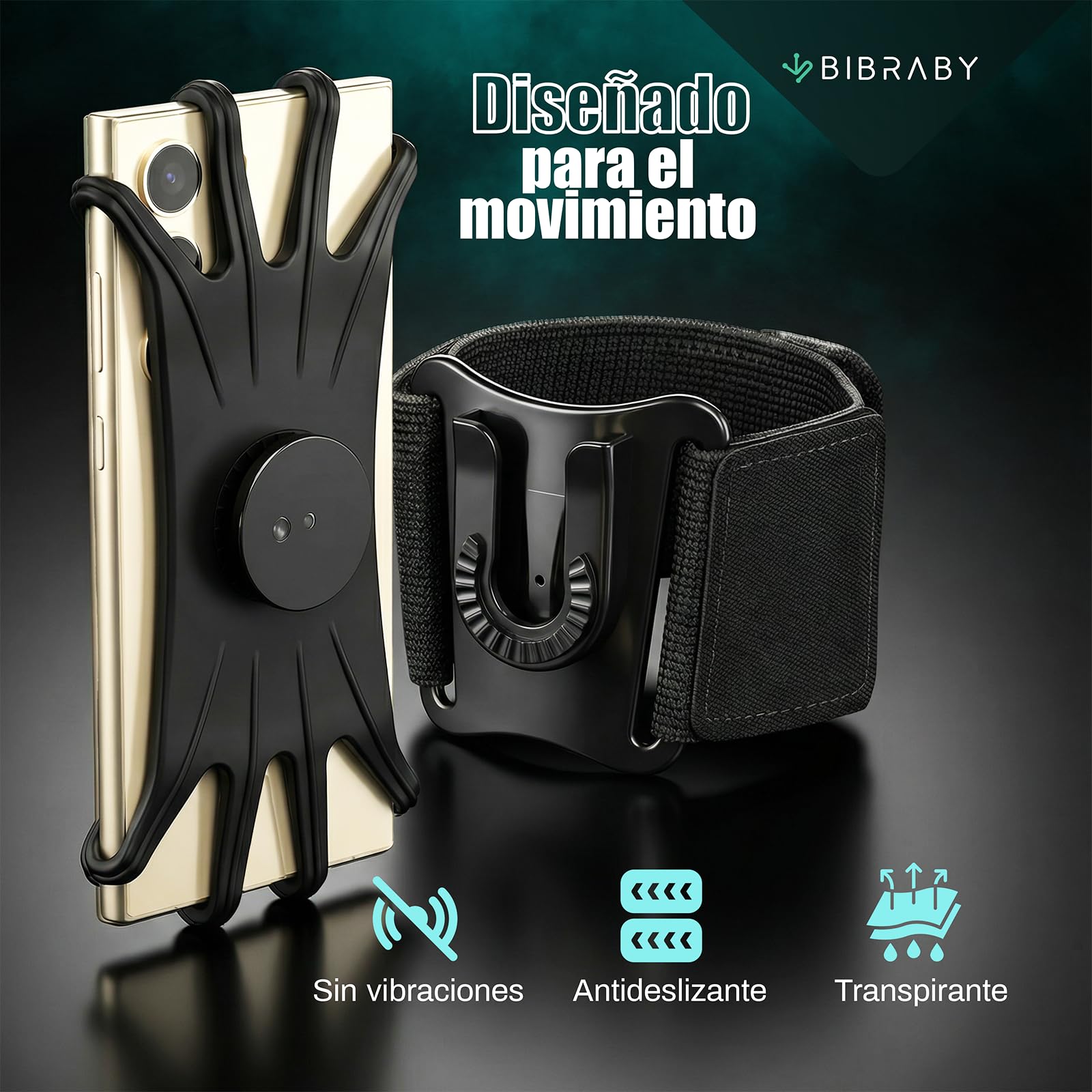 BIBRABY Super Brazalete móvil en Funcionamiento Running | Soporte Universal para movil Ajustable a Brazo y muñeca | Accesorios Antideslizantes | Correr Caminar Gimnasio | Phones hasta 7'' (Negro) — view 5